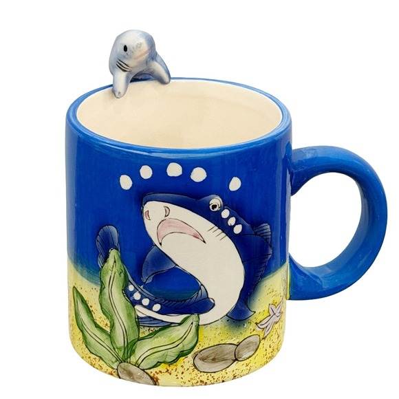 Leisure Craft Other - Shark Aquarium Coffee Mug With Shark Figurine on Rim of Cup Sea Life Ocean